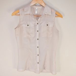 SHEER TAN/CREAM SLEEVELESS BUTTON DOWN BLOUSE